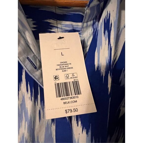 Crown & Ivy Womens L Tie Waist Boyfriend Dress Blue Ikat Print Sleeveless Summer - Picture 5 of 9